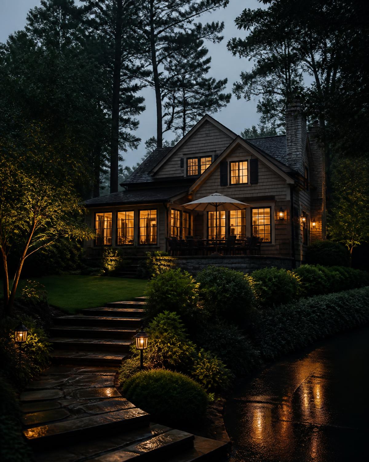 A warmly lit family home at dusk